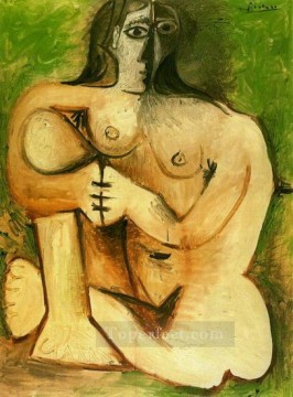  1960 Pintura al %c3%b3leo - Femme nue accroupie sur fond vert 1960 Cubismo